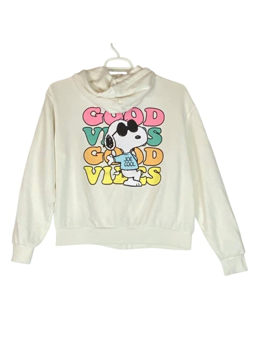 Peanuts Snoopy "Good Vibes" Full Zip Hoodie Ivory Color Pockets Size Large